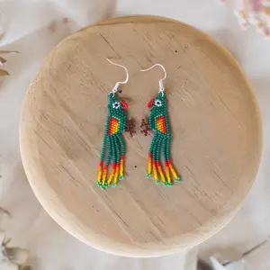 Dark Lovers - Native Beaded Earrings with Green Bird Design - Handmade by Huichol Artisans - Mother Sierra