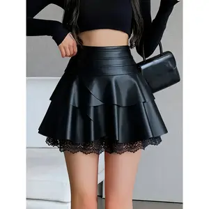 Women’s high-waisted PU leather skirt with contrast lace trim, casual mini skirt for all seasons, fitted plain design, ruffle trim skirt