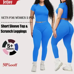 Jetjoy 2 Piece Workout Sets for Women, Short Sleeve T Shirt Tank Top + Workout Leggings Butt Lifting Gym Seamless Booty Gym Leggings, Going Out Gym Sets
