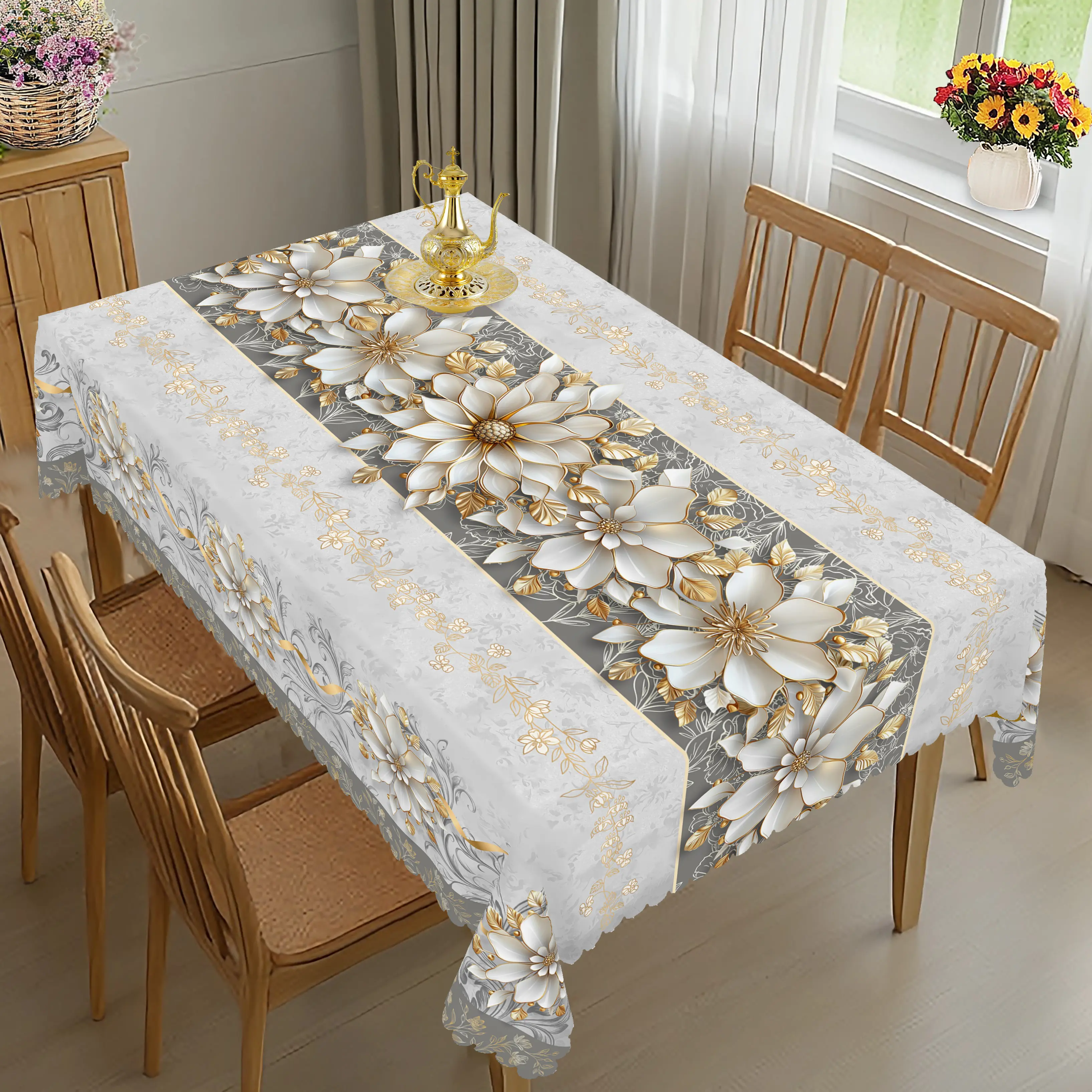 XEXSIN Modern 3D Floral-Print Polyester Rectangle Tablecloth - Art Deco Marble Floral Design, Farmhouse Spring/Autumn Decor, Christmas Party Outdoor Accessory, Elegant Kitchen Home Gift