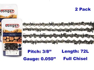 Jeremywell 20 Inch Full Chisel Chainsaw Chain Blade 72 Drive Links 3/8" Pitch 0.050'' Gauge Fits Stihl, Husqvarna, Poulan Pro, Johnsered E72