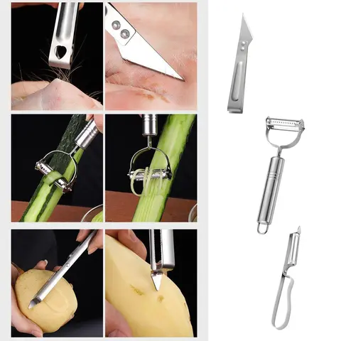 Stainless Steel 4-Piece Standard Kitchen Utensils Set - Beginner-Friendly Fruit Vegetable Slicer Kit with 3-in-1 Dual Peel/Grate Peeler, Cabbage Grater, Kitchen Shredder, Solid Metal Ergonomic Non-Slip Handle, Compact Tools Save Drawer Space, Home Gift