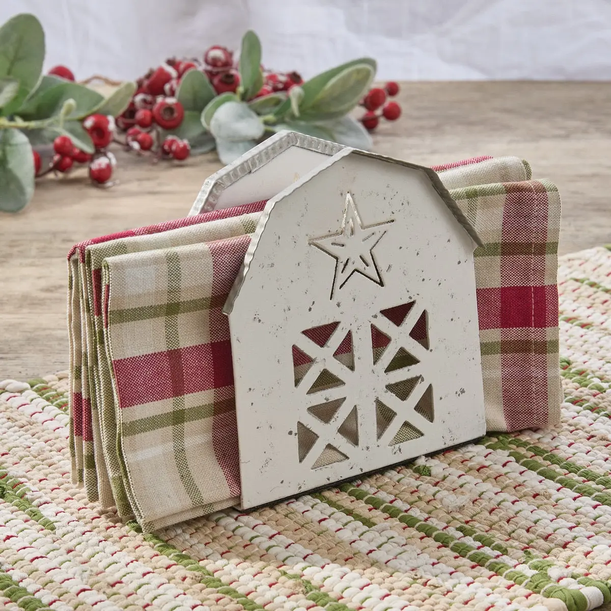 White Barn Star Metal Napkin Holder, Farmhouse Rustic Bathroom Gadget, 6"h x 6"w x 2.25"d for Organized Access