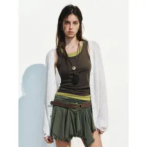 URBAN REVIVO 2026 Women's Ripped Knitting Cardigan Top - Acrylic Blend Fabric, Longsleeves, Casual, Medium Length, Multi-Size Women's Clothes