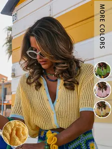 Summer Dopamine Color Block Knitted Cardigan for Women, Fitted Short Sleeve Hollow Out Top, Casual Everyday Fashion for Fall & Winter, Knitwear, Womenswear, Knitting