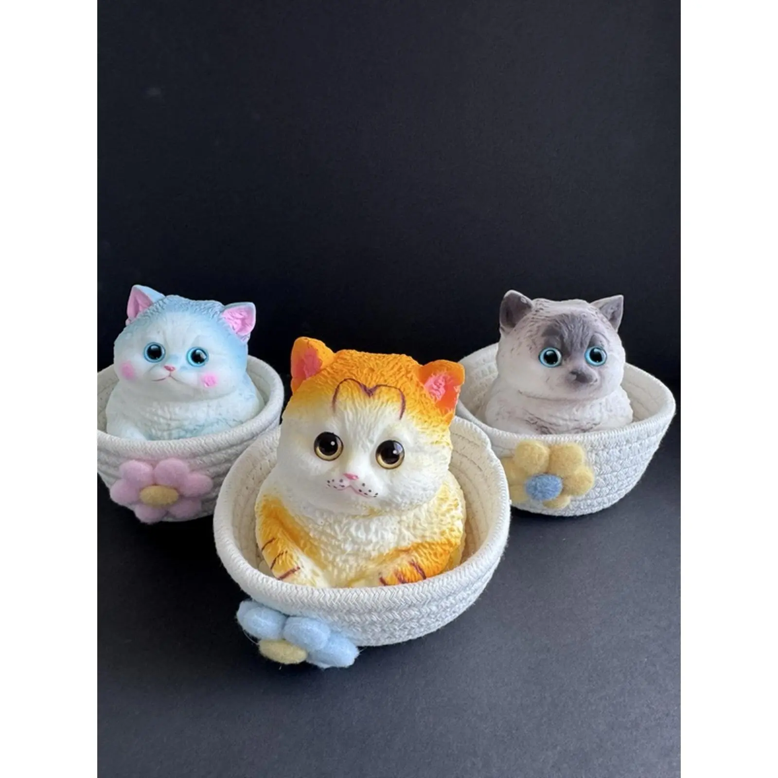 Large Taba Cat Squishy with Mini Basket | Soft Kawaii Sensory Toy | Blue, Orange & Gray