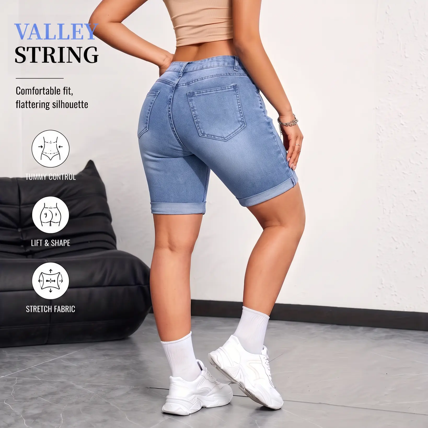 Women’s rolled hem denim Bermuda shorts, women’s jeans, women’s summer shorts, classic multi pocket design, butt lifting shaping, washed light blue, slim fit, American hot girl summer style.