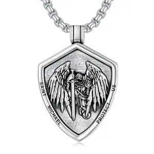 S925 Men's Sterling Silver Saint Michael and Shield Pendant Necklace Sterling Silver TikTokShopBlackFriday