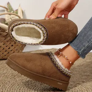 Thick Sole Anti - Slip Warm Winter Women’s Slippers Fuzzy Fleece Lining Mini Snow Boots Embroidered Trim Cozy Indoor Outdoor Shoes Girl Footwear