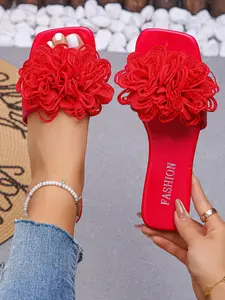 Women's Fashionable Flower Decorated Slide Sandals, Casual Comfortable Flat Sandals for Summer, Lightweight Breathable Shoes for Daily Wear, Footwear Strap Slides