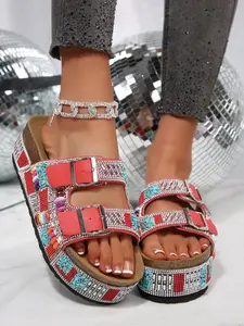 Women's Colorful Beaded Rhinestone Thick Sole Sandals, Retro Western Style Dual Buckle Platform Flip Flops, Comfortable Summer Footwear