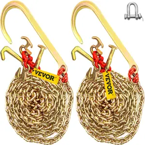 VEVOR J Hook Chain, 2PCS 5/16" x 10' G80 15" Long Shank J Hook Tow Chain with RTJ Cluster Hook & Grab Hook, 5400 lbs Working Load, Heavy Duty Transport Truck Chain for Wrecker Recovery Trailer Towing
