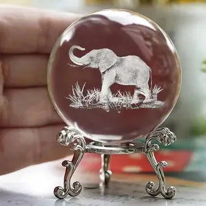 3D Elephant Decorative Crystal Ball with Metal Stand, Glass Sphere Ornament, Home Decor, Father's Day Gift, Mother's Day Gift, Christmas Gift, Valentine's Day Gift