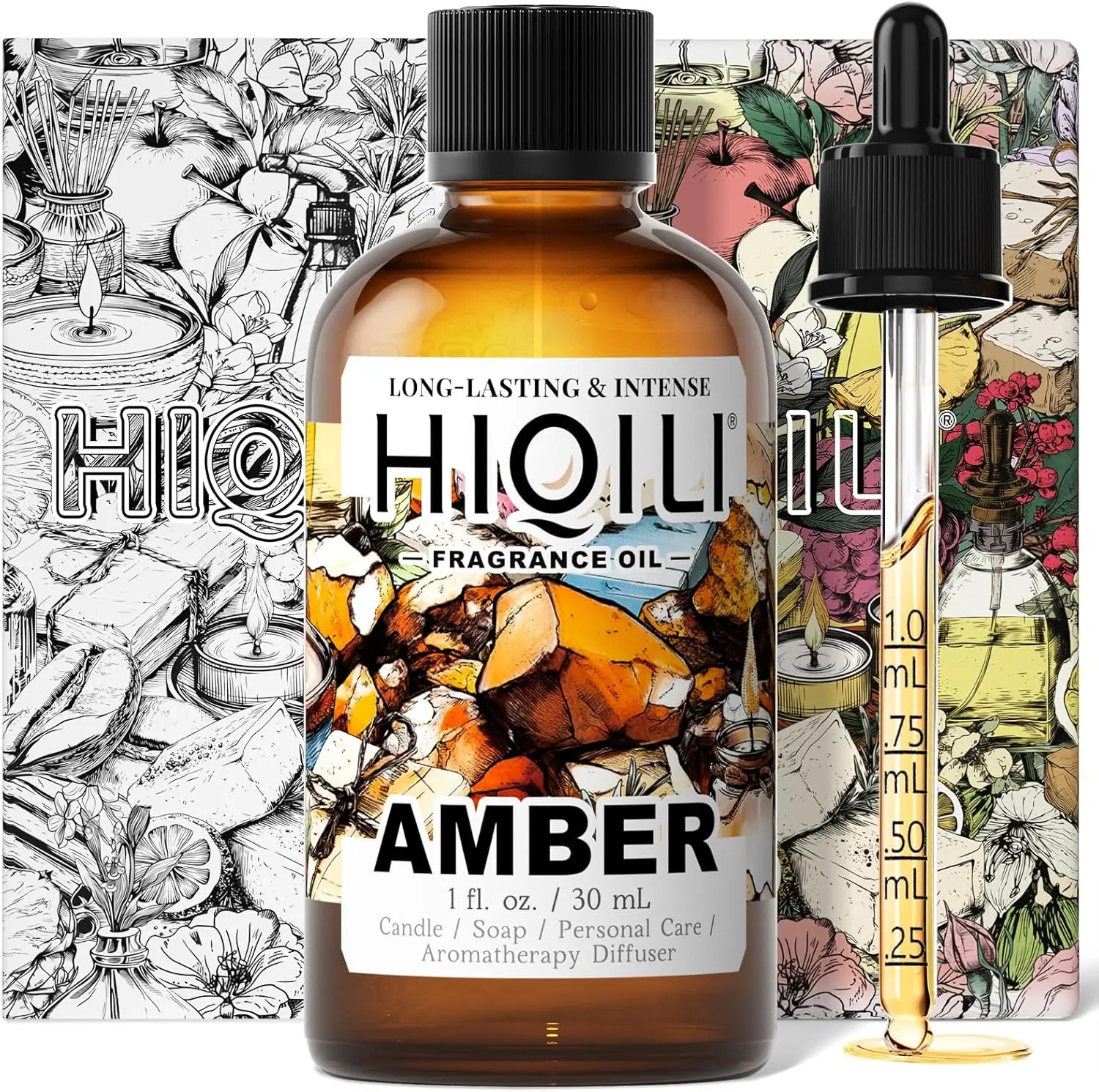 HIQILI Amber Fragrance Oil for Candle, Perfume, Soap Making, Hotel Scents for Essential Oil Diffuser & Aromatherapy - 1 Fl Oz Aromatic Refill Scented Oil