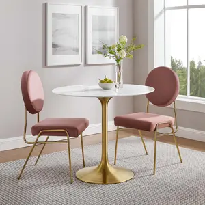 Modway Lippa 36" Round Artificial Marble Dining Table in Gold White