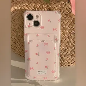 1 Pink Small Flower Heart Transparent Card Holder Phone Case, Suitable for iPhone 17 Air/16 Plus/15 Pro Max/14 Pro/13/12/11/XS Max/X Phone Case, Ideal Gift for Family, Friends, Lovers, Girlfriends on Holidays SJKB02