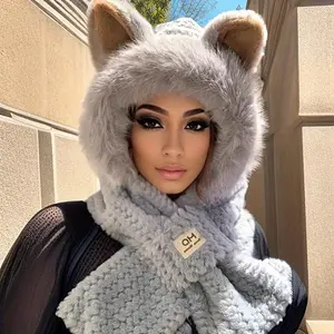 Upgraded Winter Plush Hooded Scarf Hat with Cartoon Ears, Solid Color Neck Warmer for Women