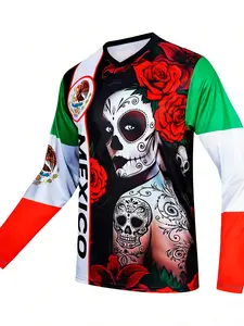 Men's Long Sleeve Off-Road Mexican Sports Shirt, Mountain Bike Sportswear, Downhill and Motorcycle Racing Quick-Dry V-Neck Tee, Dry Fit Shirt, Sports Apparel
