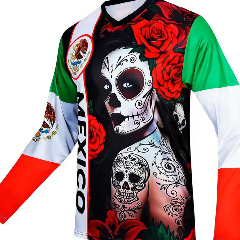 Men's Long Sleeve Off-Road Mexican Sports Shirt, Mountain Bike Sportswear, Downhill and Motorcycle Racing Quick-Dry V-Neck Tee, Dry Fit Shirt, Sports Apparel, Quick Drying Tops
