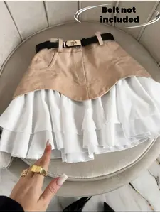 Sweet Cool Patchwork High Waist A-Line Skirt, Irregular Ruffled Chic Design, Slimming Party Skirt, Fashionable Daily Wear, Back-To-School Season, Fitted, Elegant