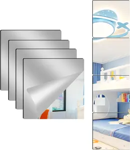 4 Pack Acrylic Mirrors for Wall,8 x 8 Inch Self Adhesive Frameless Small Mirror Tiles, Flexible Plastic Mirror Sheets for Bedroom Home Gym Door (8"X8"-4Pcs)