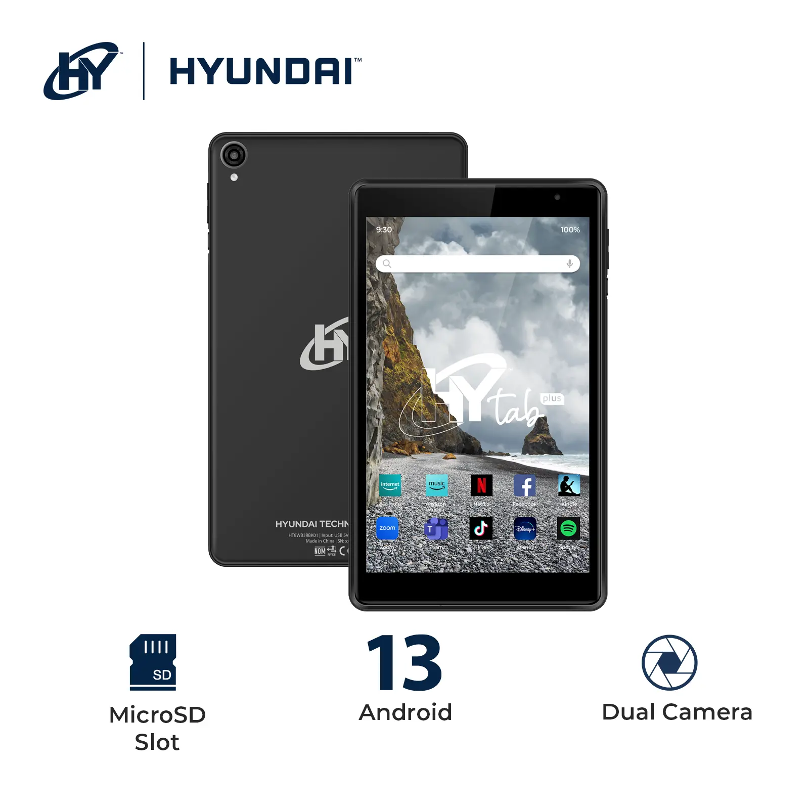 HYUNDAI HYTab Plus 8-in Tablet, Octa-Core A523 Processor, HD IPS 1280x800 Display, 4GB RAM/64GB Storage, 8MP/13MP Cameras, Android 13, AX WiFi, 4000 mAh Battery, Includes Stylus Pen, Earbuds & Screen Protector - Black