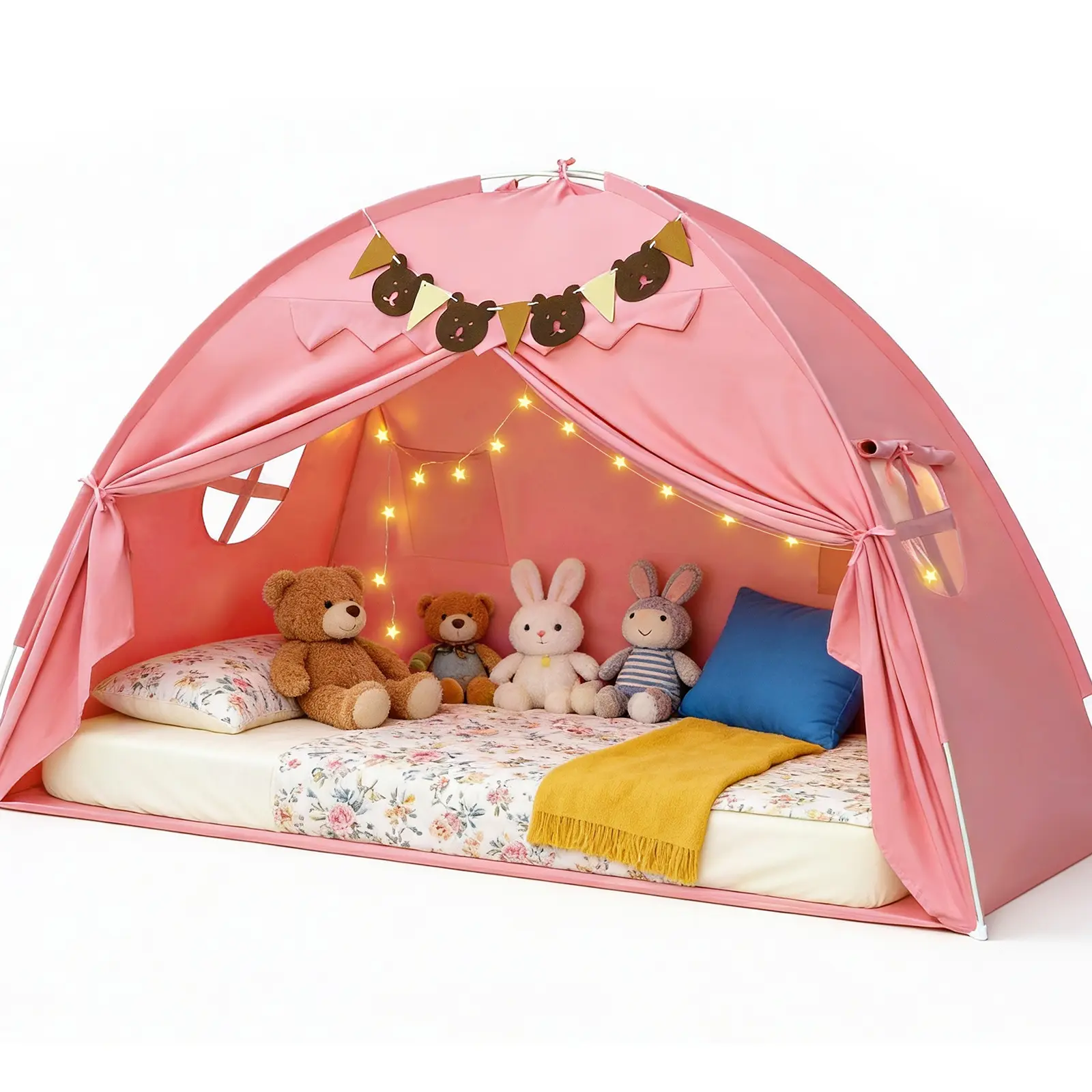 Unisex Twin Size Teepee Play House - Large Foldable Teepee, Starry Indoor Play Tent with Star Lights & Flags, Breathable Portable Toddler Bed Canopy for Kids Bedroom, Indoor or Outdoor Use