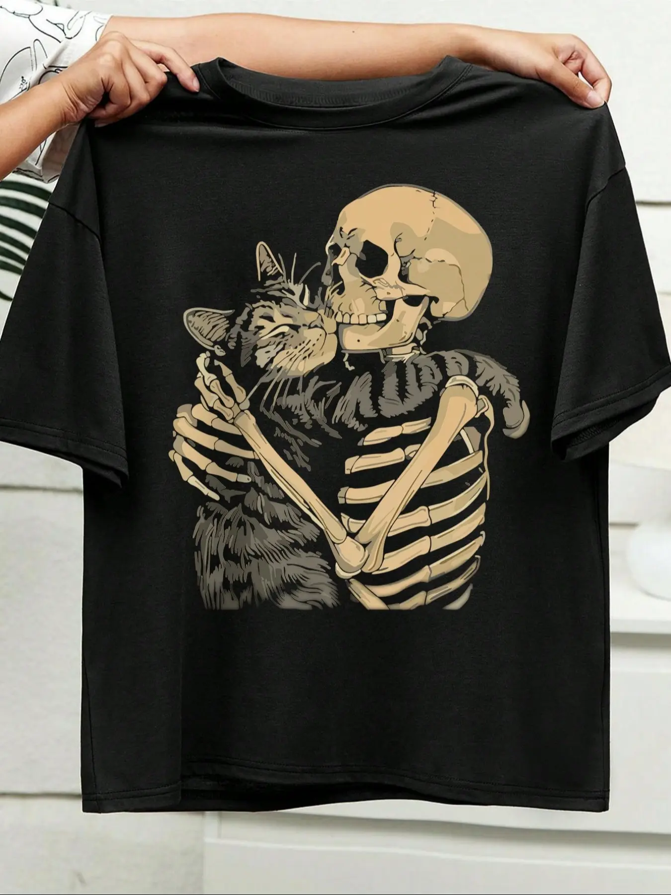 Halloween Women's Home Clothes Homewear, Skull & Cat Print Skeleton Round Neck T-Shirt, Casual Loose-Fit Knit Short Sleeve Top for Summer Daily Wear Womenswear