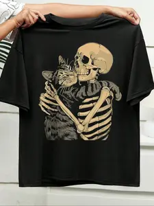 Halloween Women's Home Clothes Homewear, Skull & Cat Print Skeleton Round Neck T-Shirt, Casual Loose-Fit Knit Short Sleeve Top for Summer Daily Wear