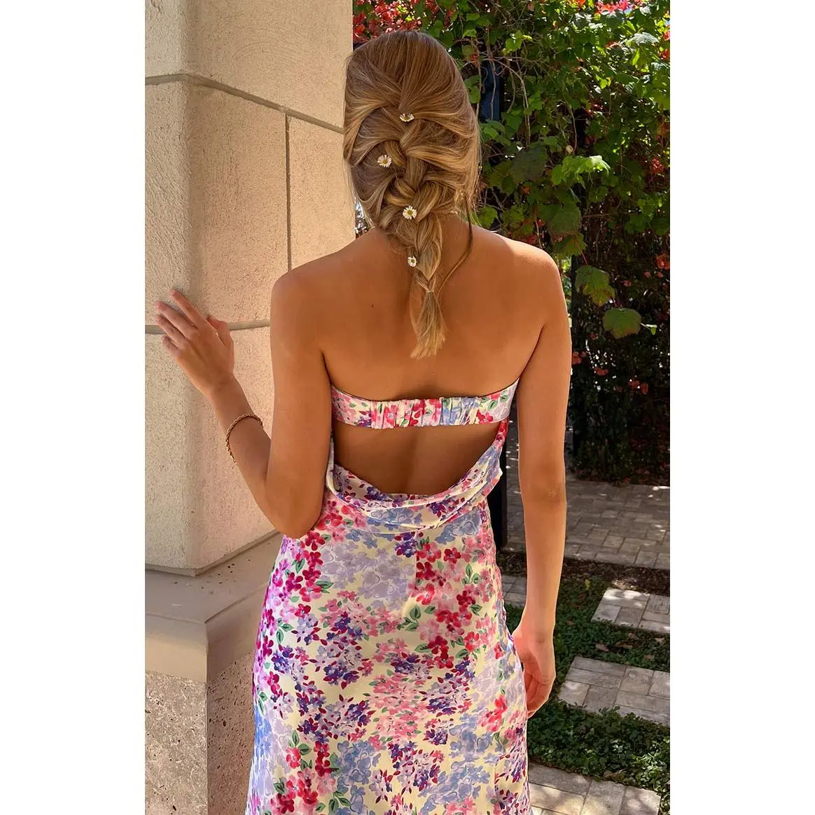 Strapless Floral Satin Crop Top with Cowl Back - Chic Matching Set for Birthday or Wedding Guest