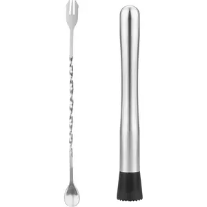 Sturdy 10” Stainless Steel Cocktail Muddler & Mixing Spoon Set, Bar Utensils for Mojitos & Fruit Drinks, 10.43x2.09x1.34in