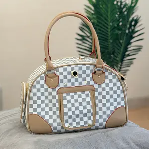 Stylish Pet Travel Bag Anti-Squeeze Carrier for Small Dogs & Cats Beige Checkerboard with Brown Trim Comfortable Design