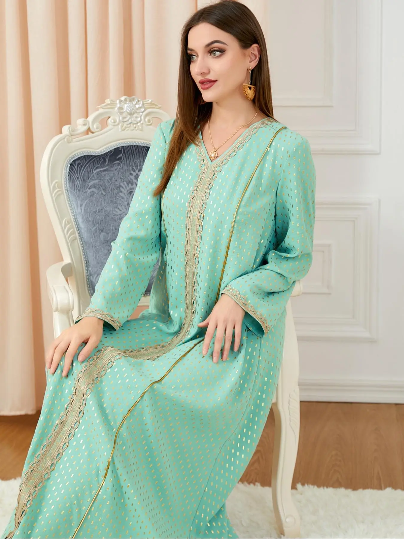 Arabic Clothing-Glitter All Over Print Contrast Lace V Neck Tunic Dress, Modest Flounce Sleeve Dress For Spring & Fall, Women's Islamic Clothing For D