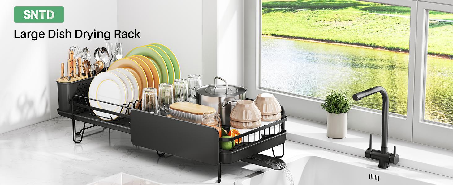 SNTD Dish Drying Rack - Large Dish Racks for Kitchen Counter, Expandable Dish Drainers with Cutlery Holder Stainless Steel Rustproof