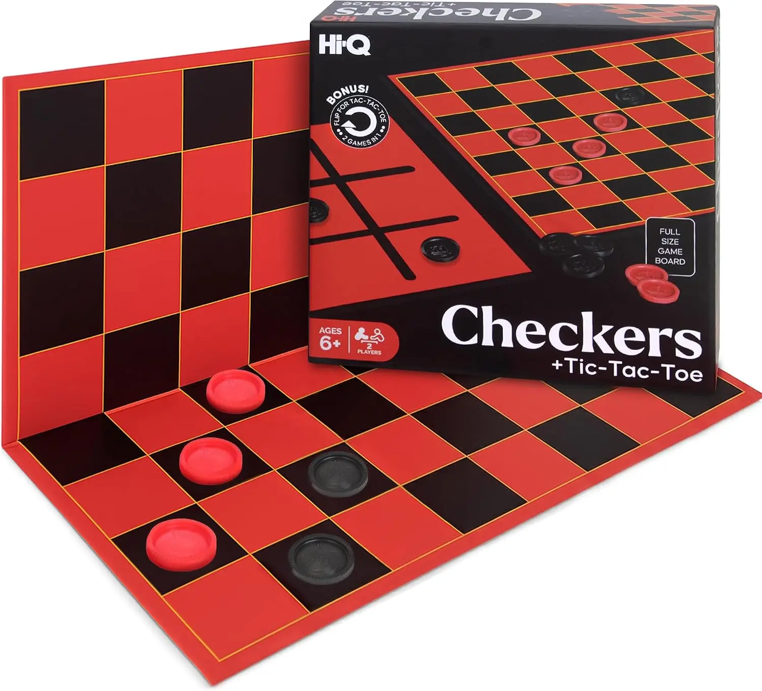 HI-Q Checkers & Tic-Tac-Toe Board Game Set – Classic Strategy for Kids & Family – Features Interlocking Stacking Pieces & Folding Board – Ages 6+