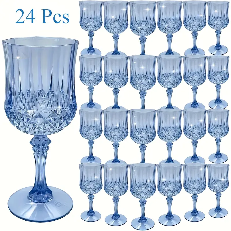 24Pcs Unbreakable Plastic Champagne Flutes Set - 7oz Vintage Blue Reusable Stackable Wine Glasses, Decorative Party Drinkware for Weddings, Daily Use, Halloween Decorations, Christmas, All Seasons, Table Gift, Home/Wedding Supplies, Ps, Music Festival