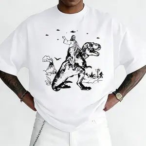 Jesus Riding Dinosaur T Rex Sarcastic T-Shirt Streetwear Crewneck