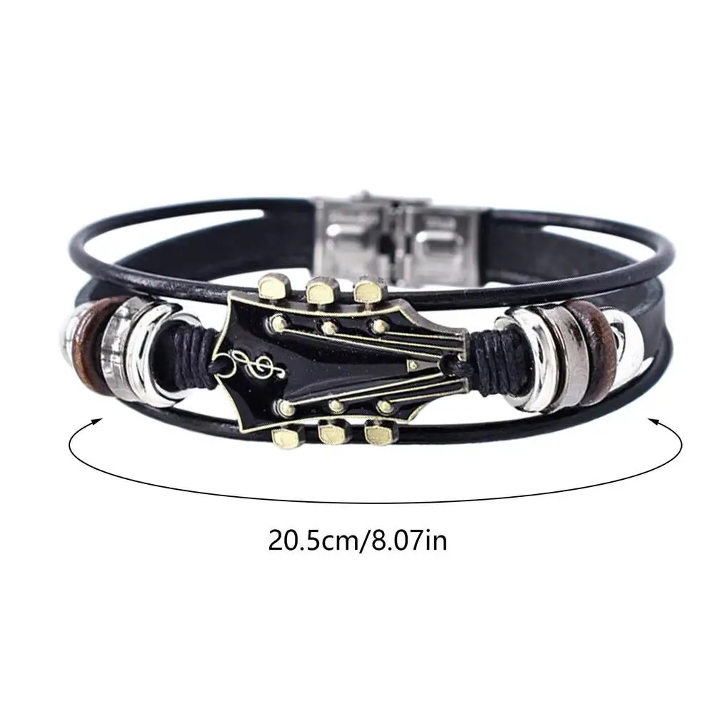PU Leather Bracelet for Men, Braided Rock & Punk Style with Guitar Theme, Adjustable Fit for Casual Wear, 20.5cm, 20.5Cm/8.07 Inches, Dimensions, Retro Punk, Zinc Alloy Guitar Decor, Bright And Attractive, Daily, Excellent Workmanship, Ideal Presents, Mal