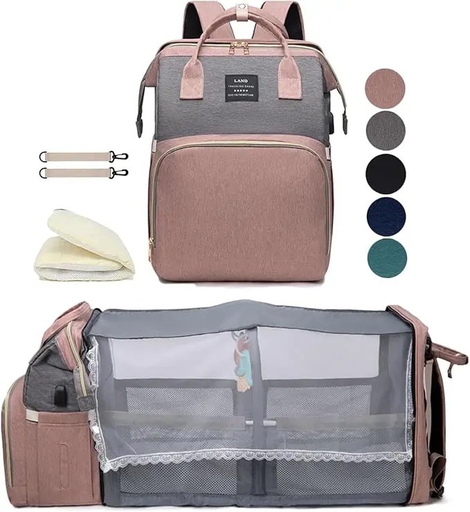Large Capacity Multi-Functional Diaper Backpack with Changing Station, 25L Big Capacity, Adjustable Straps, Zipper Closure, USB Charging Port, Sunshade Net, Detachable Toy Arch, Multi-Compartment Design, Stroller Straps