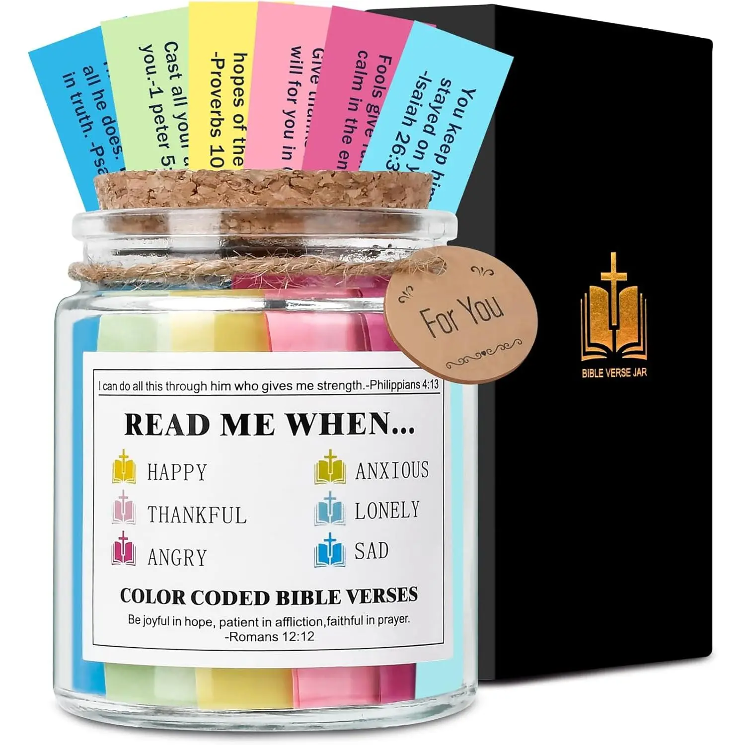 Durable Thick Glass Christian Bible Jar with 3.5 x 2.6 Inches Coded Bible Verses Prayer Cards - Church Home Decor, Women's Christmas Birthday Festive Gift Box for Graduation, Backpack Accessory, Bedroom Table