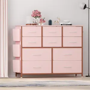 Dresser for Bedroom, 10 Drawers Fabric Storage Drawer, Dressers & Chest of Drawers with Side Pockets, Hooks, Wood Tabletop for Closet, Living Room, Hallway (Pink)