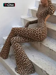 Women's Fashion Street Style Leopard Print Tight Fit Backless High Waist Jumpsuit, Trendy Long Sleeve Bodycon One-Piece, Casual Lady Clothing for Spring Summer New