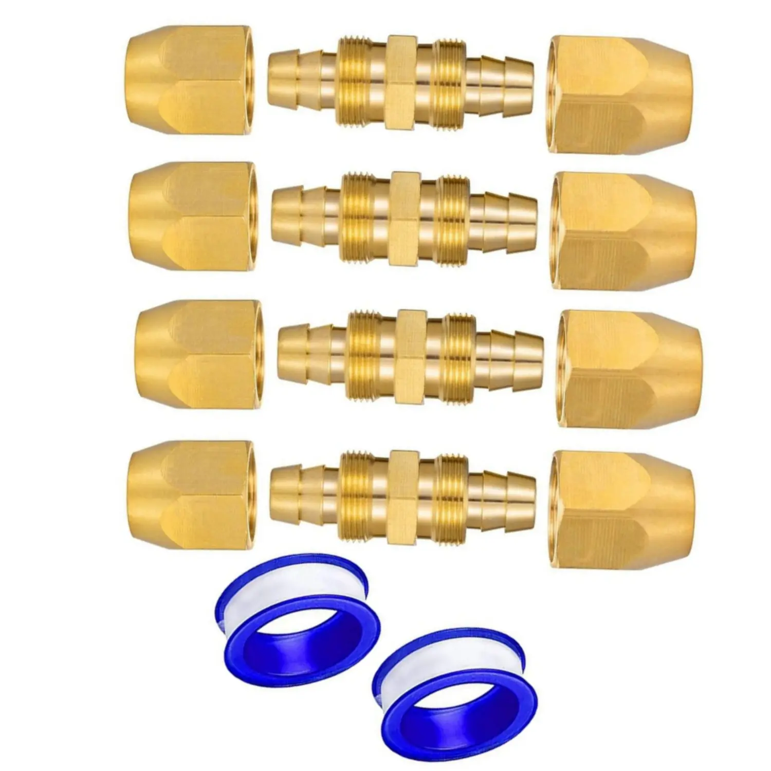 4 Pcs 1/4 Inch Solid Brass Reusable Air Hose Repair Fittings Kit - 3/8" OD Air Tube Connectors, 2 Pc Teflon Tape, 8 Nuts, High-Temp (-40 to +250°F), Corrosion-Resistant, 300 PSI Pressure Rating Tools & Hardware Accessory, 1/4" X 1/4", 4 Pack 1/4 Inch