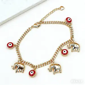 Gold Devil's Eye Lucky Elephant AnkletY2K Aesthetic Red Evil Eye Pendant Anklet Adjustable Gold Plated Chain Anklet for Party Birthday Holiday Gift Daily Wearwith Baby Elephant Pendant Adjustable Length for Stylish Accessory