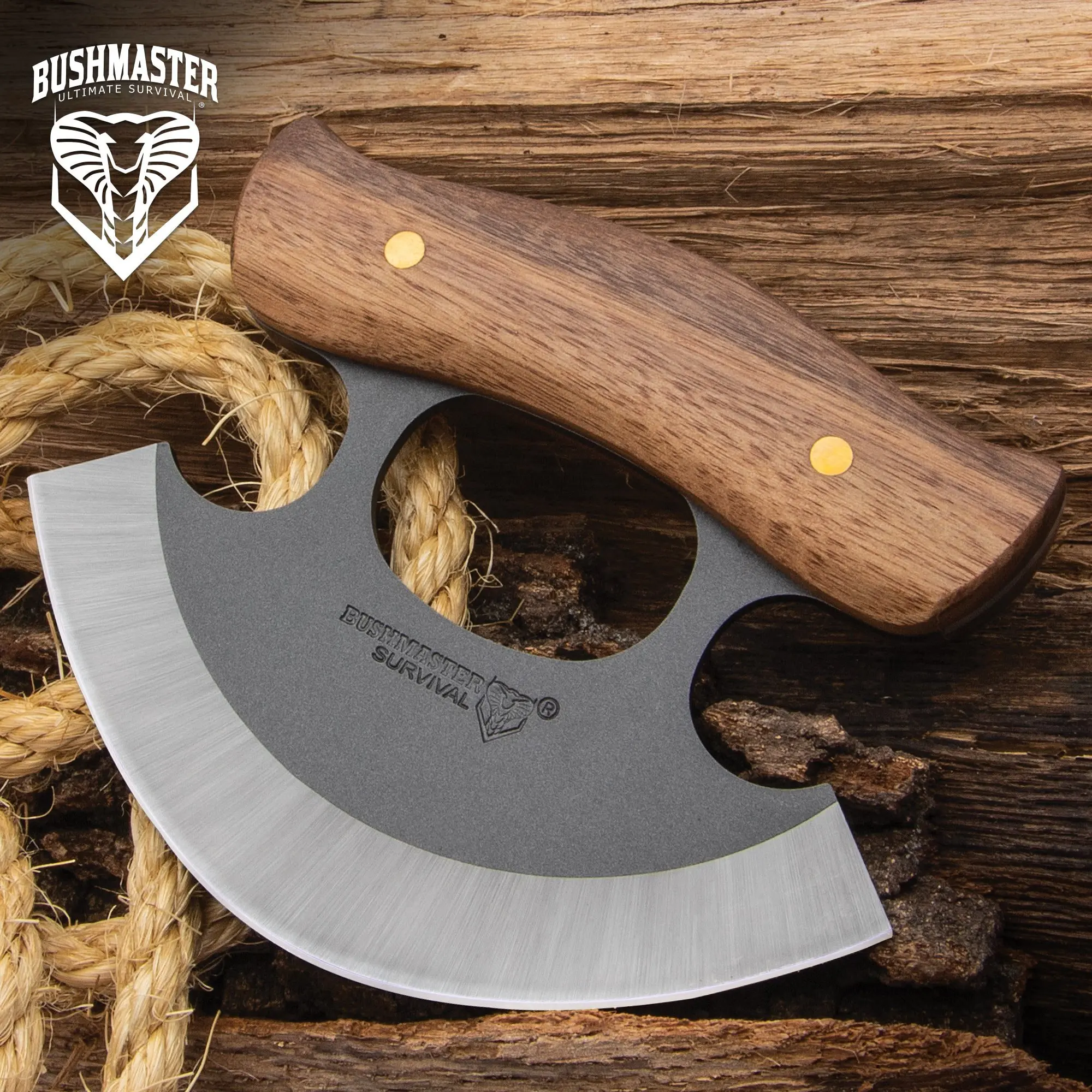 Bushmaster Wilderness Ulu Kitchen Knife - Steel Blade, Portable Meat-Cutting Tool with Protective Sheath, Knives, Meatknife