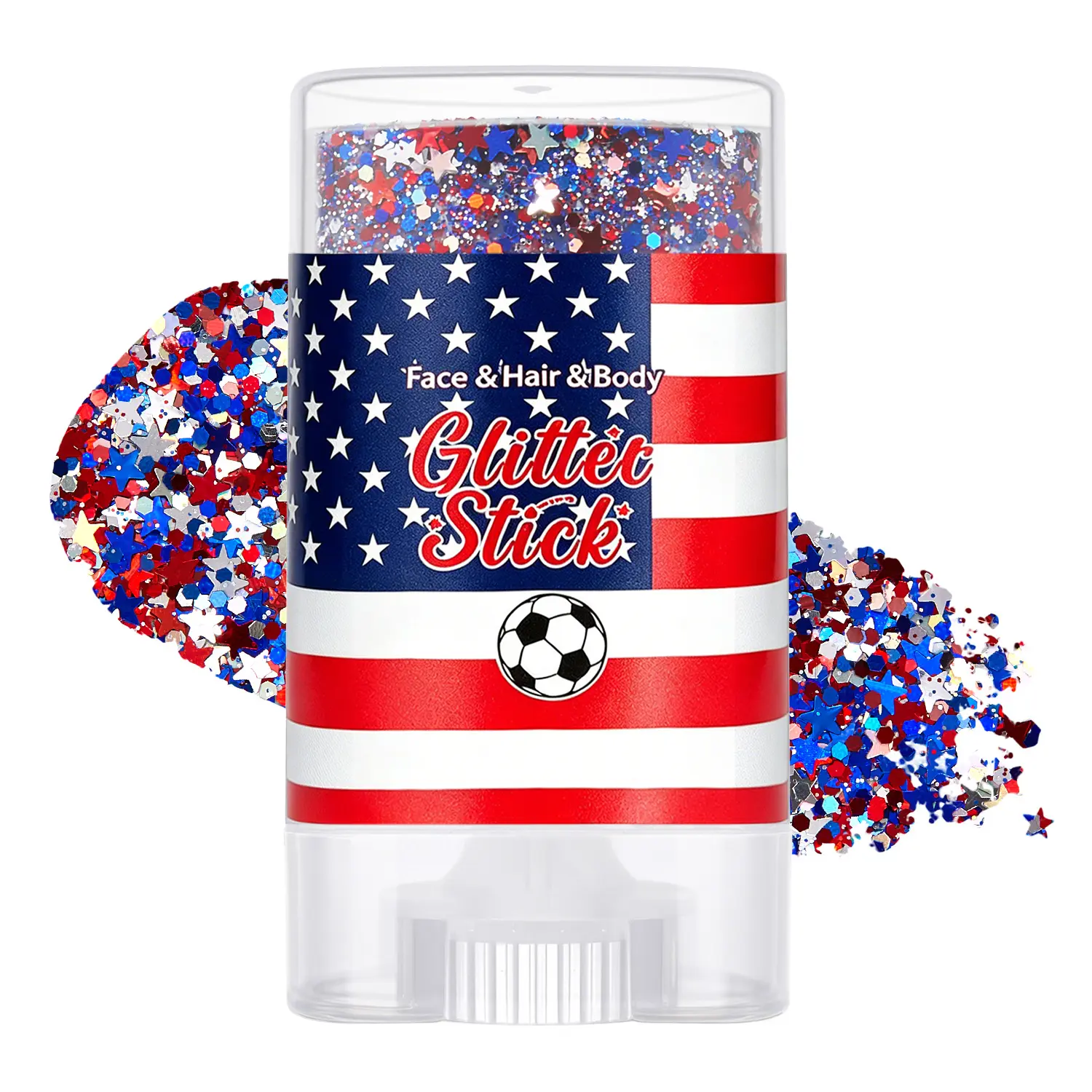 Patriotic Glitter Gel Stick with Iridescent Star Glitter, Red White & Blue Waterproof Cosmetic for Face, Body & Hair, Long-Lasting Radiance, Water Proof