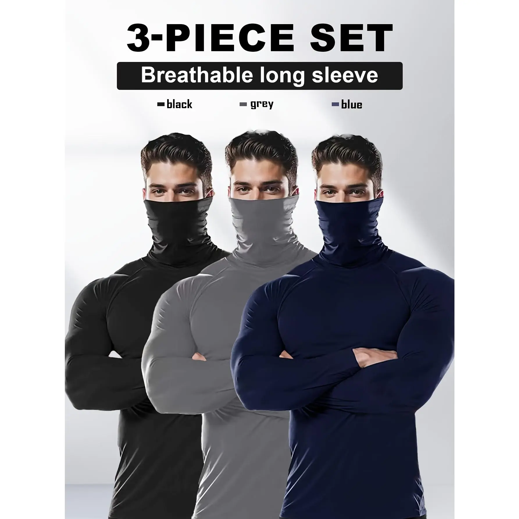 3pcs Black/Grey/Blue Men's High-Neck Compression Shirts with Face Mask - Quick-Dry Breathable All-Season Tight-Fit Workout Shirts for Gym, Running, Yoga & Outdoor Training - Sweat Absorbent Sleeveless Muscle Tees (Machine Washable)