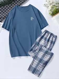 Men's Summer Short Pajama Set Pjs Loungewear, Soft Comfortable Casual Crew Neck T-Shirt and Checkered Plaid Long Pants, Ideal Sleepwear for Warm Nights