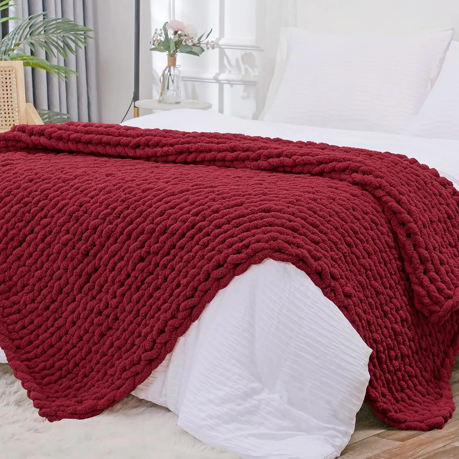 Chunky Hand-Knitted Soft Chenille Yarn Throw Blanket, 51x63 in, Rope Knot Cable Design, Modern Cozy Lounging for Living Room Couch, Red, Everyone