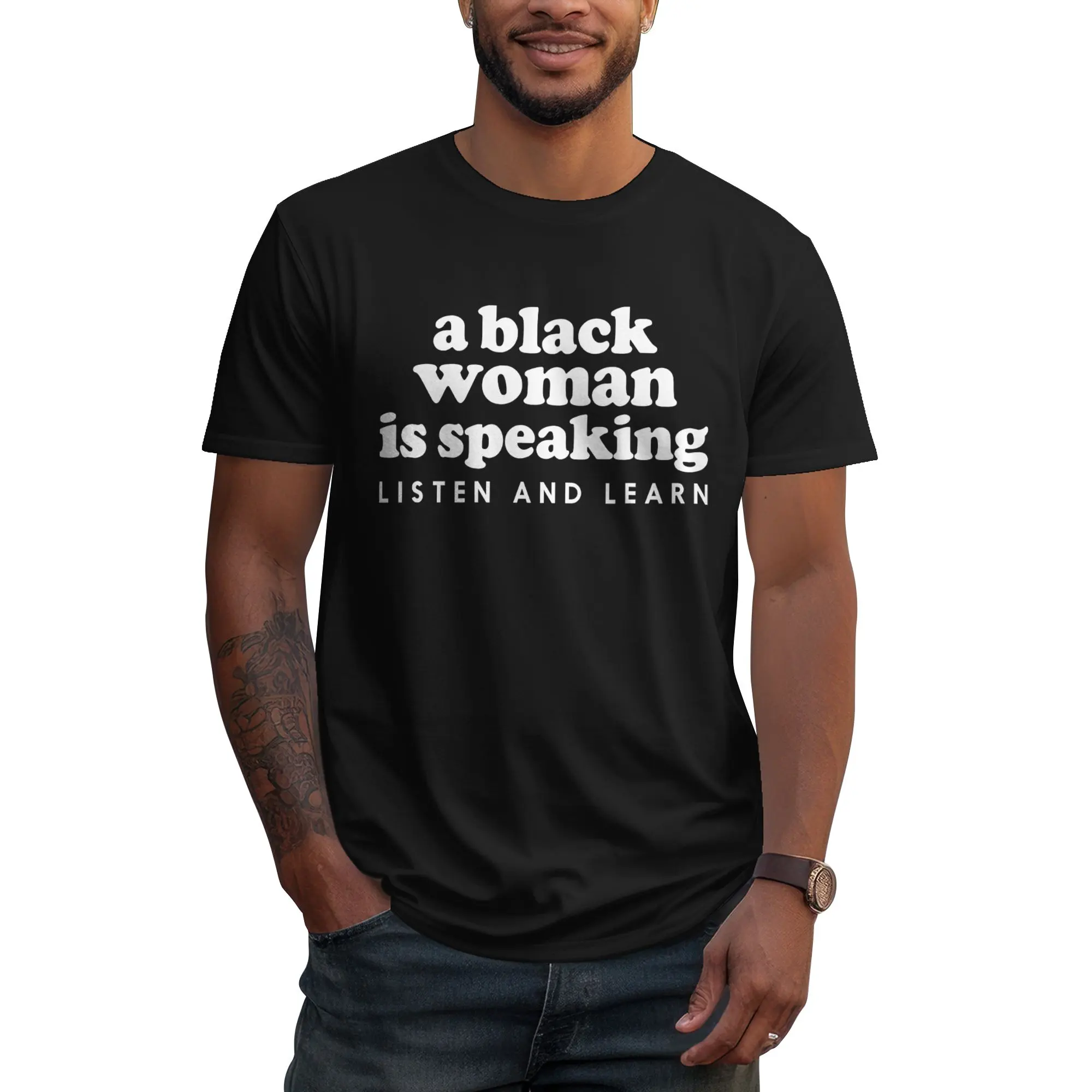 Men's Round Neck Casual Cotton Graphic T-Shirt - Bold Lettering "A Black Woman Is Speaking Listen And Learn" Slogan, Unisex Comfy Streetwear, Funny Short-Sleeve Top with Funny Vibes
